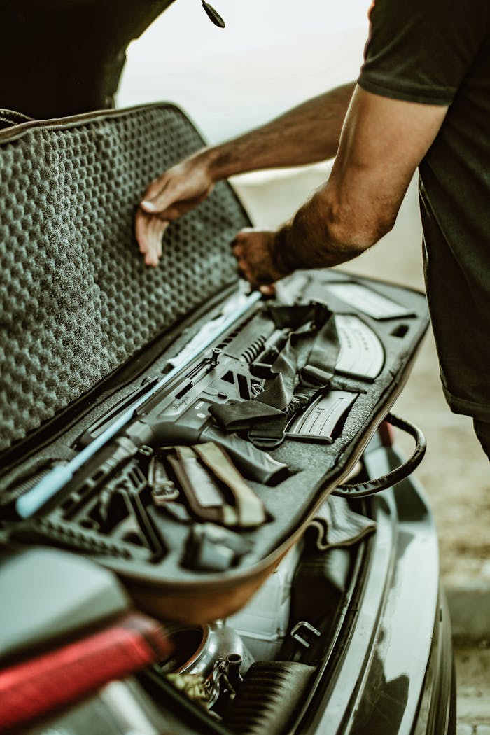 A man opens a rifle case in the trunk of a car, showcasing firearms and accessories.