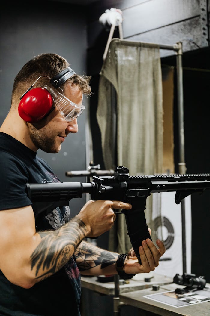 Tattooed man reloading rifle at indoor shooting range, wearing earmuffs and goggles.